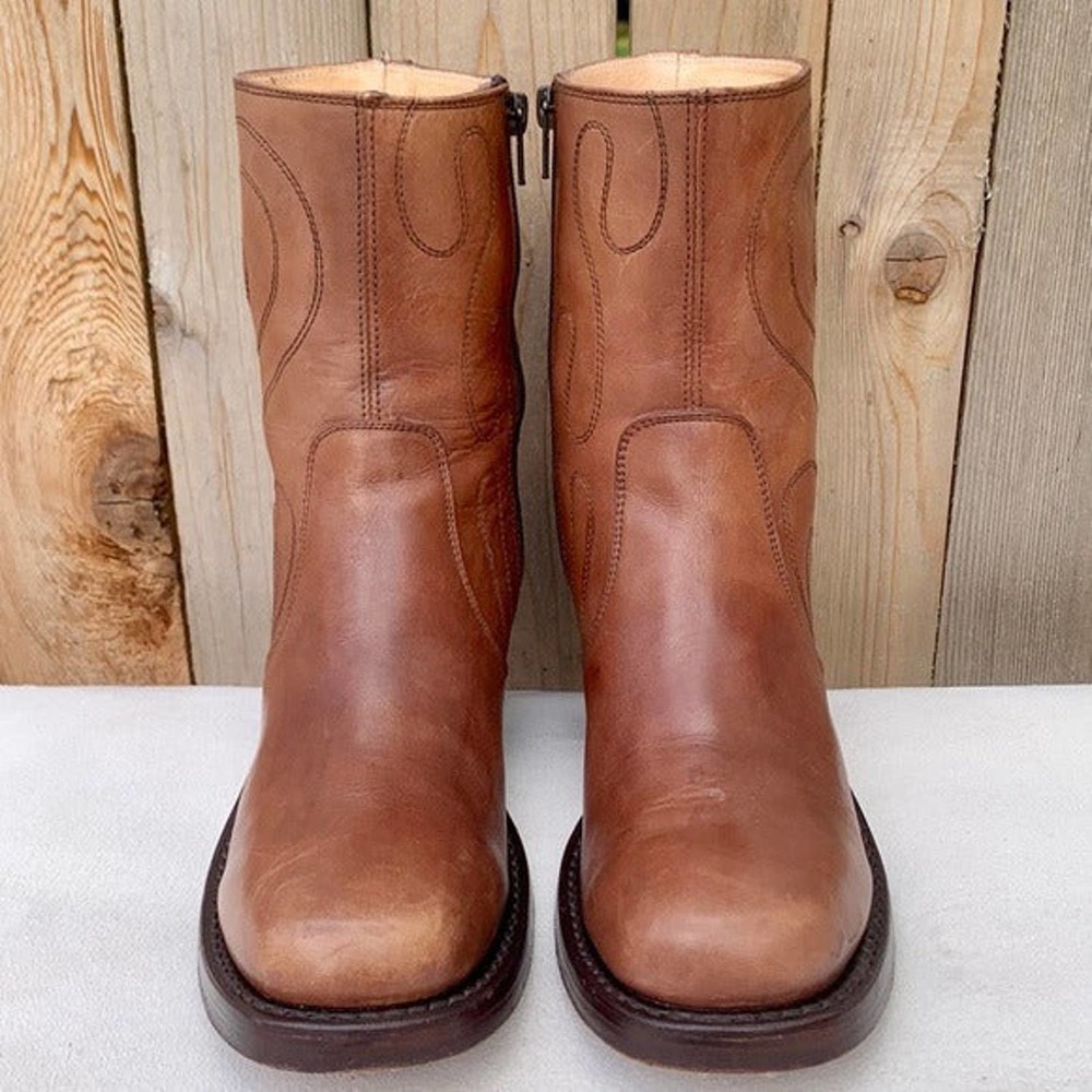 SOLD FRYE Vintage Campus Swirl Tan Brown Leather Short Zip Ankle Bootie Boots 8 - Picture 3 of 7